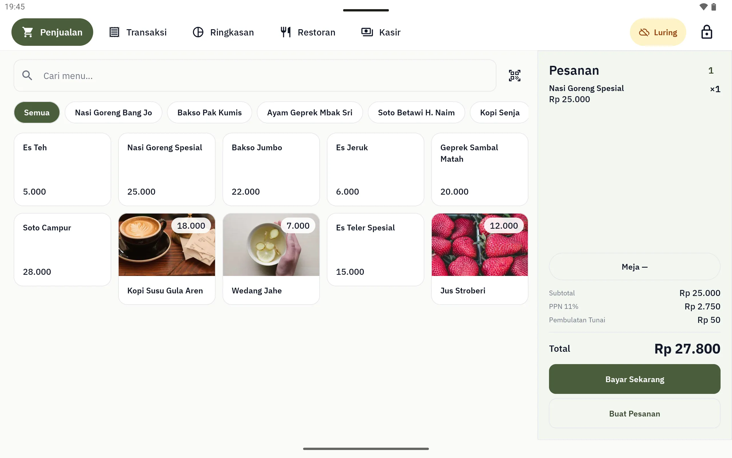 Layar kasir dengan badge Luring di pojok kanan atas, satu item pesanan tercatat dan tombol Bayar Sekarang tetap aktif