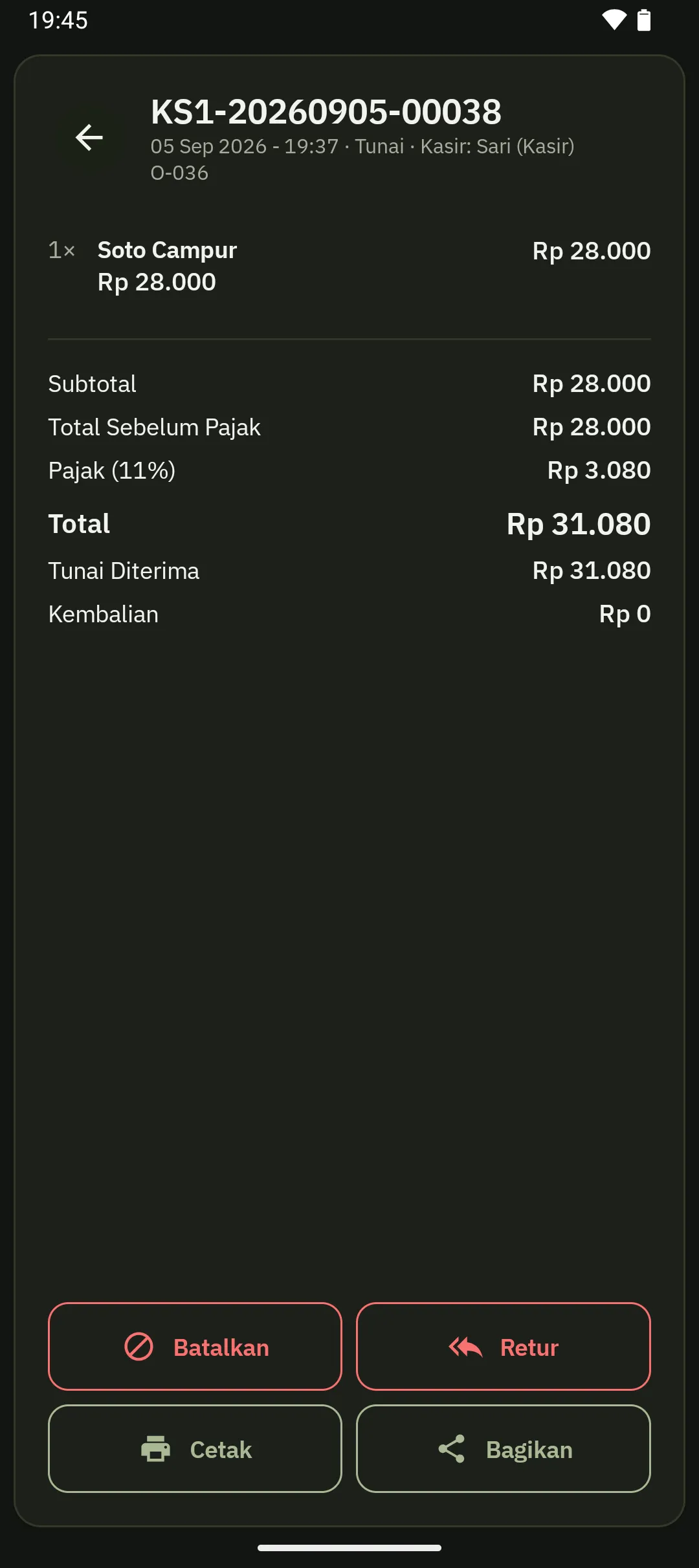 Detail transaksi di layar ponsel dengan nomor order, kasir, satu item, subtotal, pajak 11 persen, dan total, beserta tombol Batalkan, Retur, Cetak, dan Bagikan