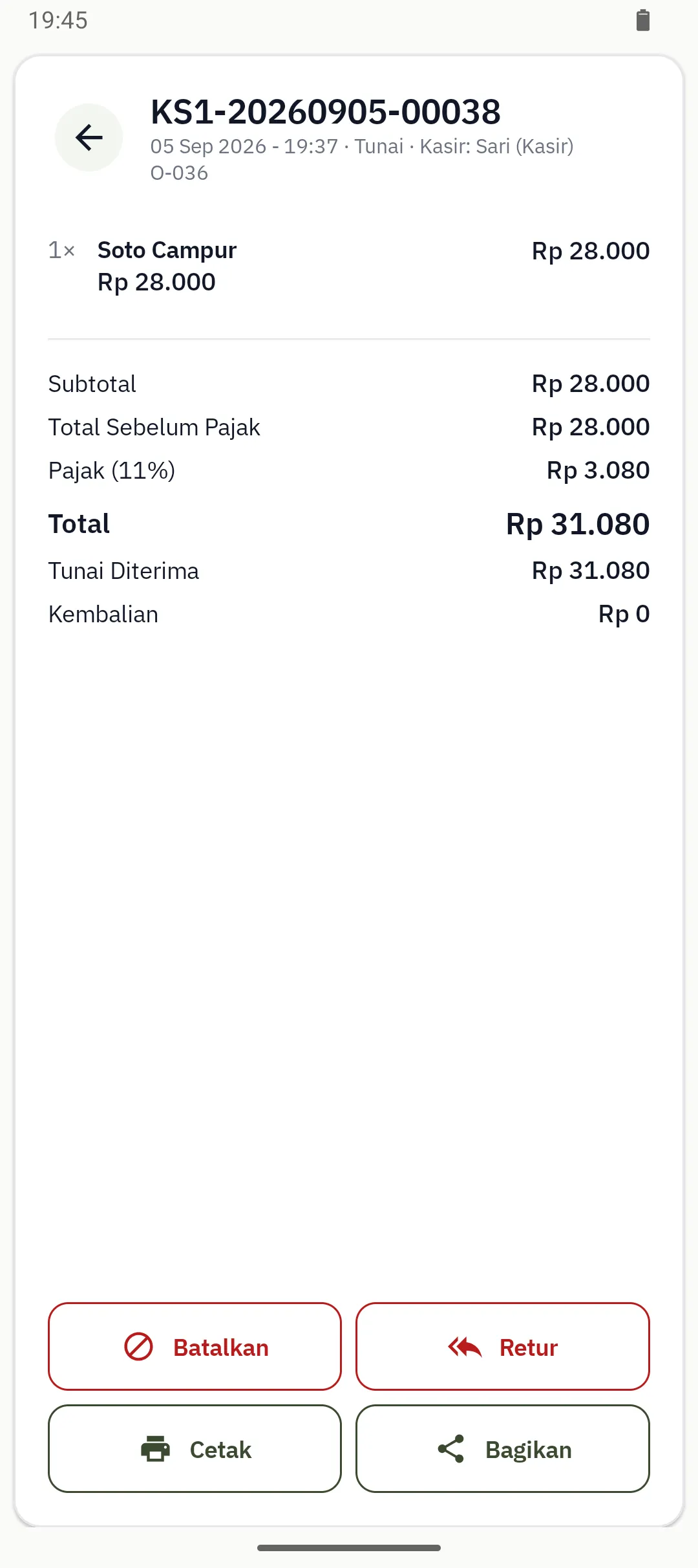 Detail transaksi di layar ponsel dengan nomor order, kasir, satu item, subtotal, pajak 11 persen, dan total, beserta tombol Batalkan, Retur, Cetak, dan Bagikan