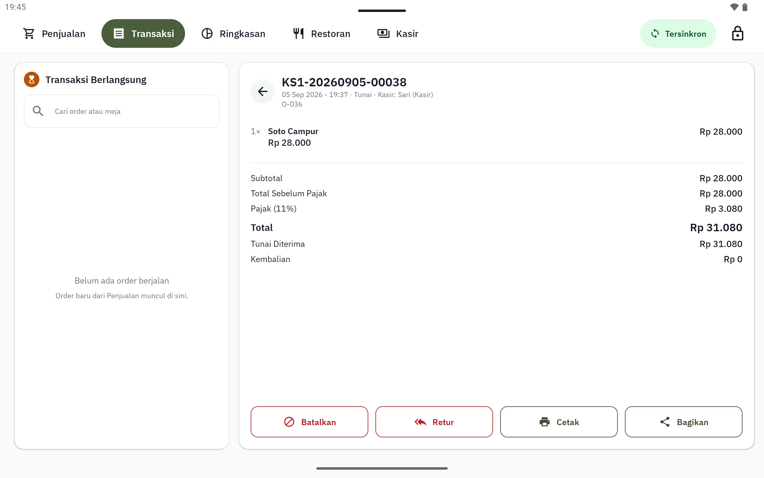 Detail transaksi dengan nomor order, kasir, satu item, subtotal, pajak 11 persen, dan total, beserta tombol Batalkan, Retur, Cetak, dan Bagikan