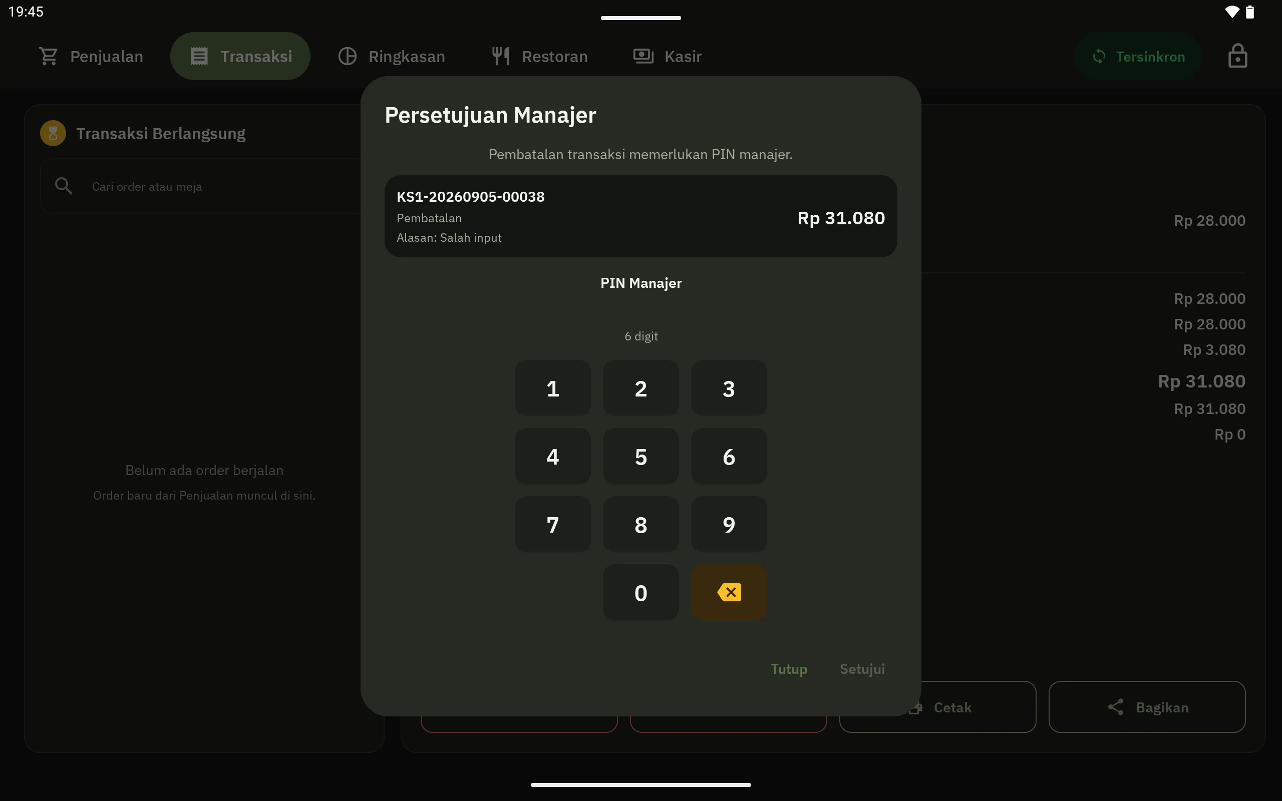Dialog Persetujuan Manajer meminta PIN enam digit untuk membatalkan transaksi, menampilkan nomor transaksi, nominal, dan alasan pembatalan