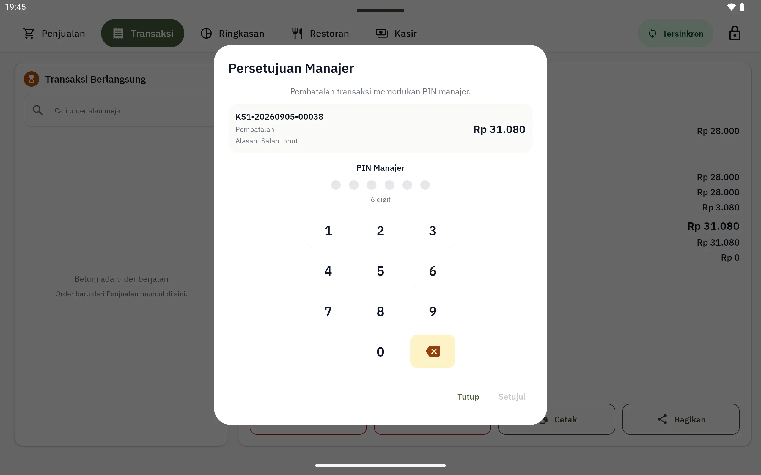 Dialog Persetujuan Manajer meminta PIN enam digit untuk membatalkan transaksi, menampilkan nomor transaksi, nominal, dan alasan pembatalan